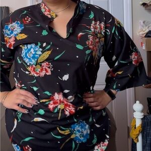 Vintage Homemade Bell Sleeve Black Floral Tunic Top size L